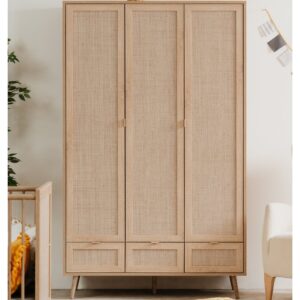 Armoire 3 portes 3 tiroirs 120x55x195 cm avec décor cannage - KESSI
