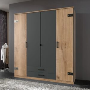 Armoire 4 portes 2 tiroirs décor chêne et gris foncé - CORKA